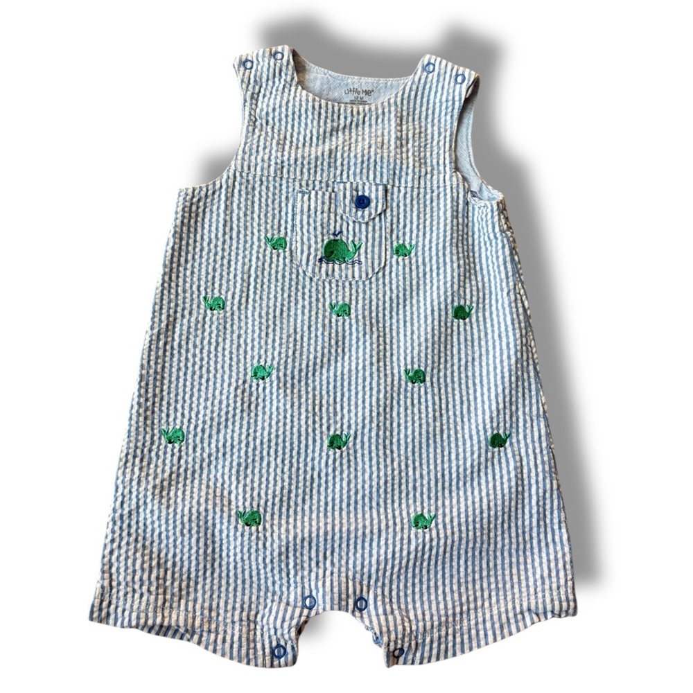 Little Me Blue Plaid Gingham Seersucker Whale Jon Jon Shortall size 12 months